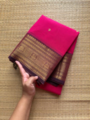 RF500 Rani pink with purple border combination Kanchi cotton saree with handmade thread buttas