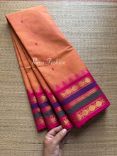 Dual tone mango shade l Kanchi Cotton Saree With Contrast & unique multi color border with small Thazhampoo pattern