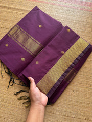 RF239 Dark Purple Monotone Maheswari Semi Silk Cotton Saree with rich gold Zari border
