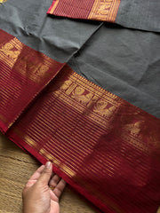 RF1165 Grey with Reddish Maroon / long border Kanchi cotton saree ~ Silk Saree Inspired