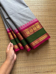 RF699 Grey shade Kanchi cotton saree with contrast double shade Annam pattern border