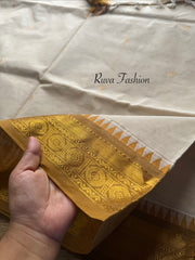Cream with mustard combination Kanchi cotton saree with rich Zari woven Pallu and handmade golden Zari Buttas