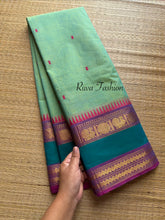 Dual tone Apple Green Shade Kanchi Cotton Saree With Contrast purple shade Rettapet border with Annam pattern