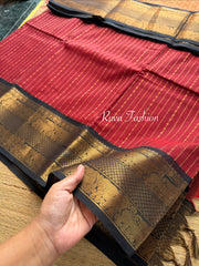 RF80 Reddish Maroon with Contrast Black Yazhi Pattern Border Premium Kanchi Cotton Saree With Vairaoosi Pattern & Rich Zari woven Pallu