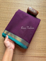 RF85 Purple with blue combination small Zari border Kanchi cotton saree