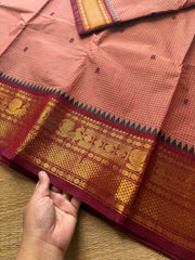 Onion pink shade Podikattam / small checks Kanchi cotton saree with handmade thread buttas