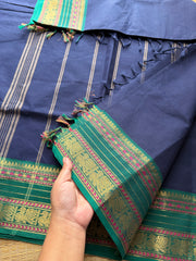 RF274 Navy Blue with green combination Kanchi cotton saree with silk saree inspired border