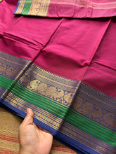 RF254 Magenta pink with royal blue contrast border Kanchi cotton saree with unique peacock pattern varisaipet border