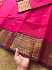 RF500 Rani pink with purple border combination Kanchi cotton saree with handmade thread buttas