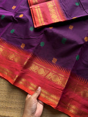 RF1393 Purple ~ Premium Rich Pallu Kanchi cotton saree with Annam pattern gap border