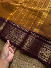 RF1350 Mustard with brown Kanchi cotton saree with handmade thread buttas
