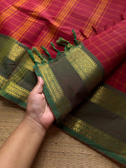 RF1034 Reddish maroon with green ~ Vintage Kattam / Checks Kanchi Cotton Saree