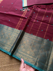 RF649 Dark magenta pink with sky blue combination Kanchi cotton saree with handmade thread buttas