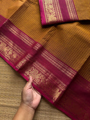RF1030 Mustard shade Kanchi cotton saree with Podikattam / checks pattern