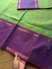 RF558 Dual tone Apple green shade with lavender combination Vintage Border Kanchi Cotton Saree With kattam / checks pattern & handwoven Buttas on the border