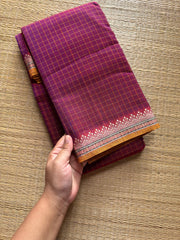 RF521 Magenta pink shade Mercerised Narayanpet cotton saree with contrast small border and checks / kattam pattern