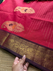 Premium Kanchi Cotton Saree : Reddish maroon with brown combination Kanchi Cotton Saree With Unique Vanasingaram Border and simple zari woven mango Motif Pallu