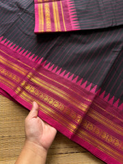 RF467 Black with contrast pink combination Kanchi cotton saree with vertical stripped pattern & mango Zari border
