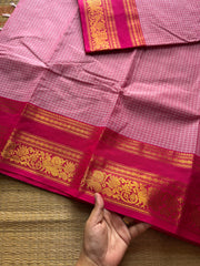 RF543 Pastel pink with contrast dark pink combination checks / kattam pattern Kanchi cotton saree unique with floral pattern contrast zari border