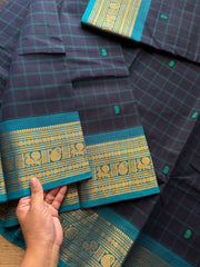 RF718 Kattam Edition ~ Navy blue with sky blue combination checks pattern Kanchi cotton saree with handmade thread buttas