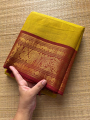 RF554 Mustard yellow Kanchi cotton saree with Annam and elephant pattern contrast border