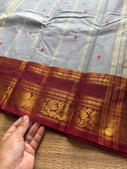 RF609 Grey with maroon combination Kanchi cotton saree with unique floral type border and handmade thread buttas