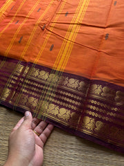 RF550 Orange with maroon Kanchi cotton saree with handmade thread buttas
