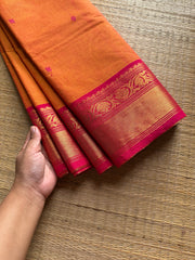 RF882 Dark mango shade with pink combination Kanchi cotton saree with handmade thread buttas