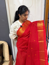 RF593 Classic Monotone Red shade & Intricate zari woven Vanasingaram Border with Vaira Oosi thread vertical lines pattern & handmade thread Buttas