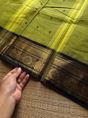RF852 Green with black Kanchi cotton saree with handmade thread buttas