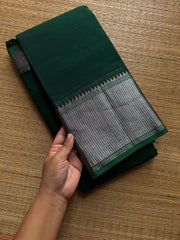 RF837 Silver Zari Mercerised Narayanpet Cotton Saree ~ Bottle Green