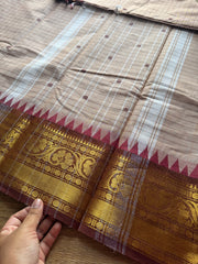 RF234 Beige With contrast light maroon combination Kanchi cotton saree with checks / Kattam pattern & handmade thread buttas