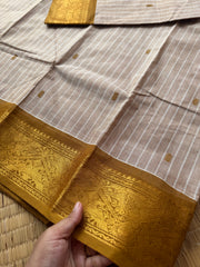 RF152 Cream with mustard yellow combination vintage Vanasingaram border Kanchi Cotton Saree with striped pattern & handmade thread buttas
