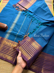 RF78 Dark blue Shade with contrast purple Varisaipet border Kanchi cotton saree