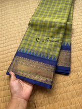 RF140 Olive Green Shade with contrast dark royal blue border double checks / Kattam kanchi cotton saree with traditional temple border pattern