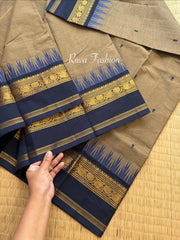 RF132 Grey With dark royal blue shade combination Thazhampoo Pattern rettapet border Kanchi cotton saree with handwoven thread buttas