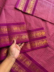 RF474 Traditional Kanchi Kattam / checks pattern saree in pastel pink shade and contrast magenta pink Retta Pet border