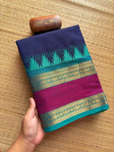 RF308 Navy Blue with sky blue combination Kanchi cotton saree with Rettapet border and unique Thazhampoo pattern