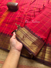 RF63 Red & Brown Combination Kanchi cotton saree with small contrast border , checks pattern and handmade thread buttas