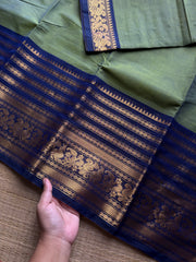 RF1037 Dual tone apple green with blue combination ~ Silk Saree Inspired Varisaipet big / long border Kanchi cotton saree
