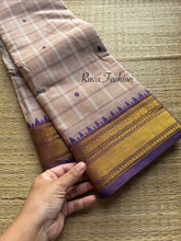 RF114 Cream & Purple Shade Combination Kanchi cotton saree with small contrast border , checks pattern and handmade thread buttas