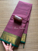 RF47 Dark Mauve Pink with contrast green paithani border Kanchi cotton saree with handmade thread buttas