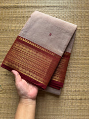 RF447 Beige with contrast rust orange combination Kanchi cotton saree with handmade thread buttas