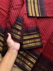RF1040 Reddish maroon with brown combination Kanchi cotton saree with vertical stripes pattern
