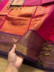 Magenta pink with contrast purple shade Premium Kanchi Cotton saree With Vaira Oosi pattern and intricate Rich Zari woven Pallu