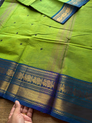 Green with blue combination Kanchi cotton saree with handmade thread buttas
