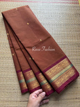 Dark Honey Shade Kanchi Cotton Saree With Contrast Maroon Border With handmade golden Zari Buttas