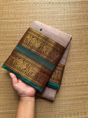RF412 Dual tone cream shade with green combination Kanchi cotton saree with handmade thread buttas