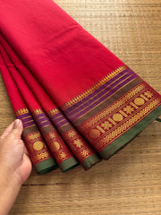 RF397 Red Shade Kanchi Cotton Saree with multi color contrast border