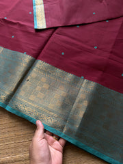 RF649 Dark magenta pink with sky blue combination Kanchi cotton saree with handmade thread buttas